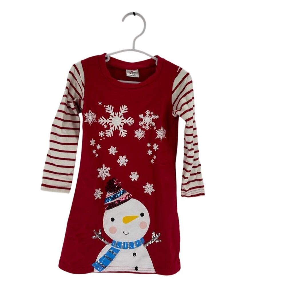 VIKITA Girls' Snowman Print Long Sleeve Dress Red Size 3-4 Year Winter Party